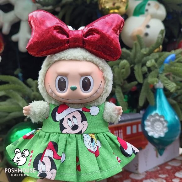 Holiday Christmas Santa Claus Custom Dress and Oversized Metallic Bow for Labubu - Picture 8 of 8